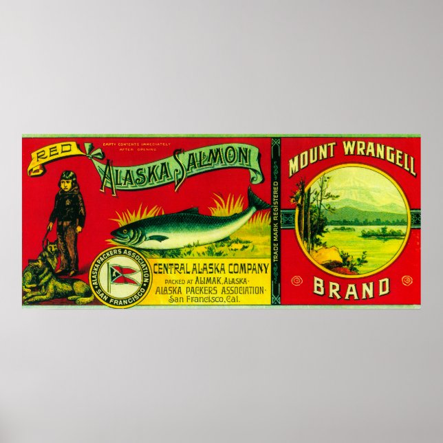 Mount Wrangell Salmon Can LabelAlimak, AK Poster (Framsidan)