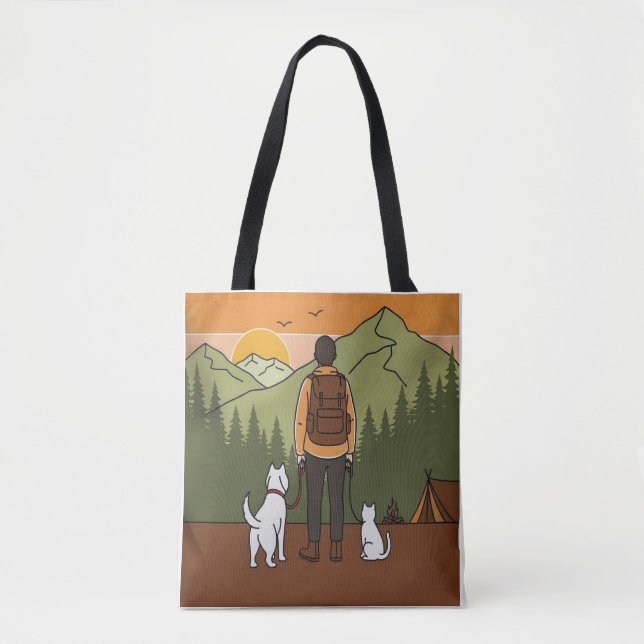 Mountain Adventure Hiking Tote Bag with Dog & Cat  Tygkasse (Framsida)