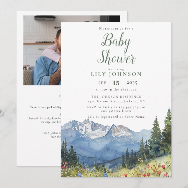 Mountain Baby Shower all in one Photo QR-kod Inbjudningar (Fram/baksida)