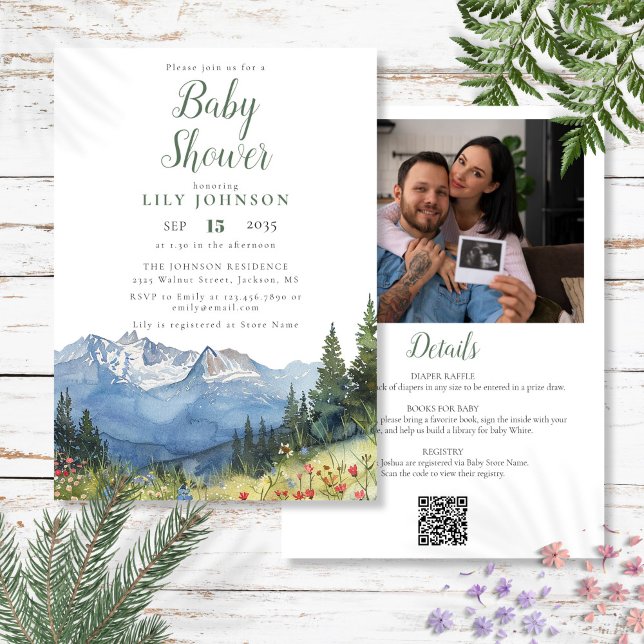 Mountain Baby Shower all in one Photo QR-kod Inbjudningar (Mountain Baby Shower All In One Photo QR Code Invitation)