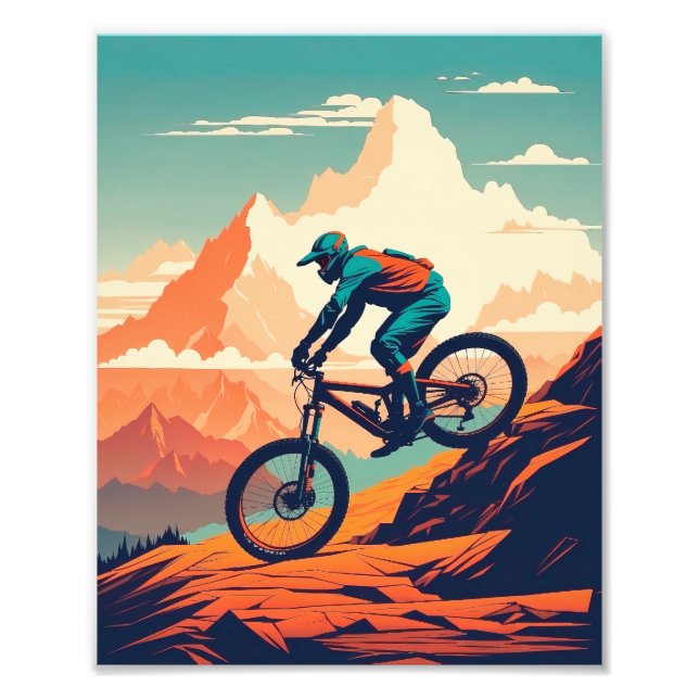 Mountain Biker Descending Steep Trail Fototryck (Framsidan)