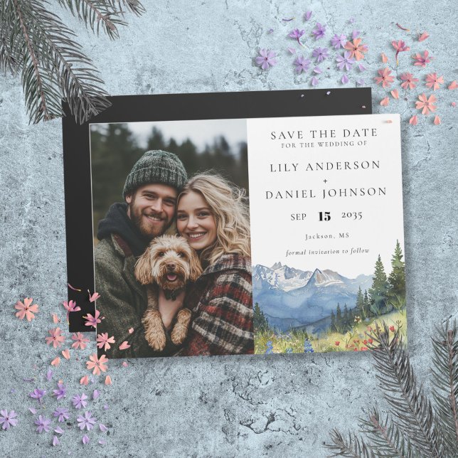 Mountain Blommigt Photo Bröllop spara datum Magnetisk Inbjudningskort (Mountain Floral Photo Wedding Save The Date Magnetic Invitation)