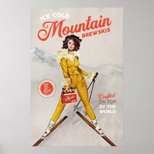 "Mountain Brewskis" Coola Retro Ski Pinup Art Poster