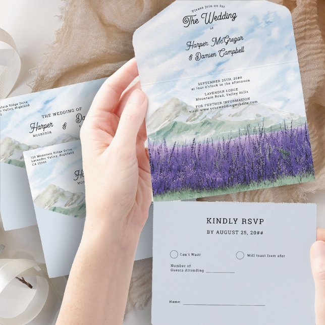 Mountain Bröllop Lavender Meadow Watercolor (All in One Wedding Invitation and RSVP from my Mountain Lavender Wedding Collection
)
