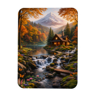 Mountain Cabin in Autumn Glow Serene Nature  Magnet