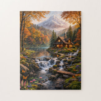 Mountain Cabin in Autumn Glow Serene Nature  Pussel
