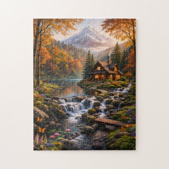 Mountain Cabin in Autumn Glow Serene Nature  Pussel (Vertikal)