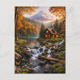 Mountain Cabin in Autumn Glow Serene Nature  Vykort