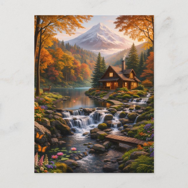 Mountain Cabin in Autumn Glow Serene Nature  Vykort (Framsida)