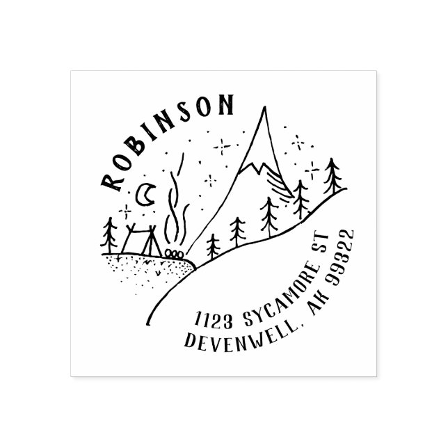 Mountain Campfire & Starry Night Sketch Adress Stämpel (Tryck)
