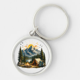 Mountain Camping Äventyr Solnedgång Natur  Rund Silverfärgad Nyckelring