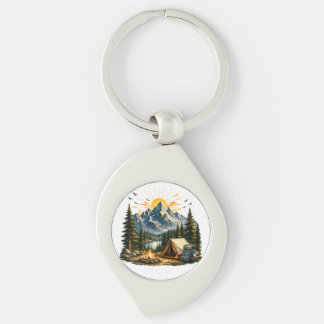 Mountain Camping Äventyr Solnedgång Natur  Swirl Silverfärgad Nyckelring