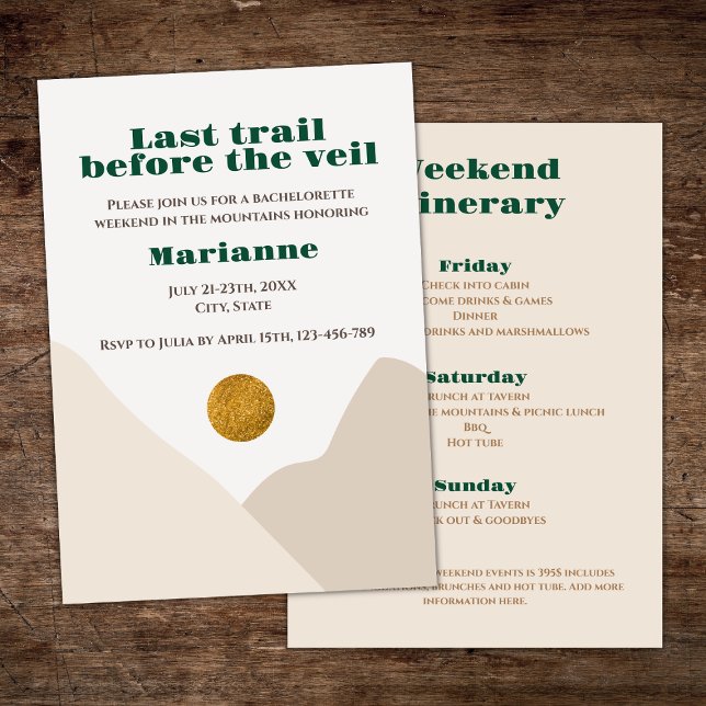 Mountain Camping Bachelorette Helg Inbjudningar (mountain camping bachelorette last trail before the veil bachelorette weekend invitation)