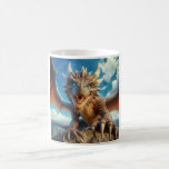 Mountain Dragon Kaffemugg<br><div class="desc">En skarp drake med ljusblått ögon och vasst klo sprider sitt vingar över ett tydligt,  molnfyllt himmel. Dess skalor är mycket detaljerade,  och den står vid ett bergslandskap.</div>