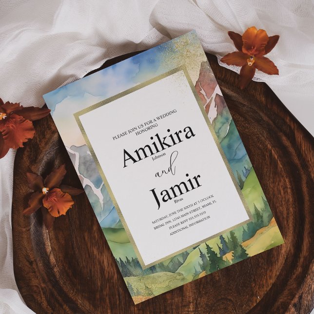 Mountain Dreamy Watercolor Glitter Wedding B Inbjudningar (Skapare uppladdad)