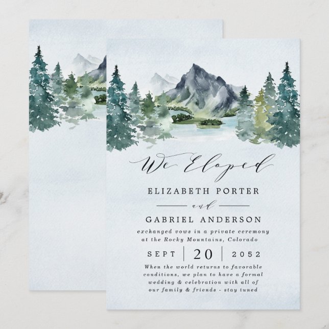 Mountain Evergreen Rustic Träd Bröllop Elopement Inbjudningar (Fram/baksida)