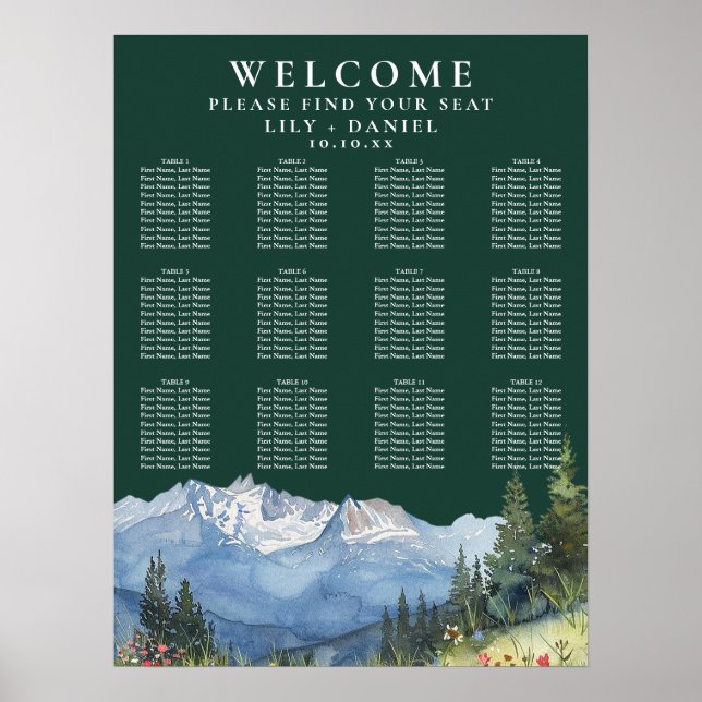 Mountain Floral Emerald Wedding Seating Chart Poster (Framsidan)
