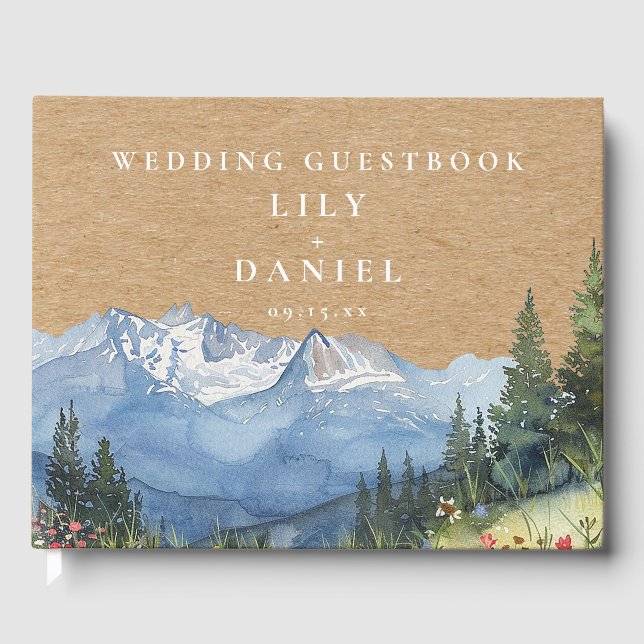 Mountain Floral Rustic Kraft Wedding Photo Gästböcker (Framsida)