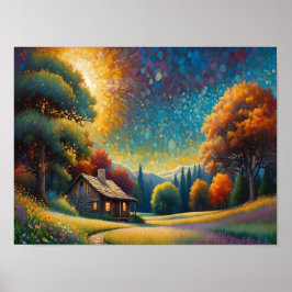 Mountain Forest Cabin Art Poster