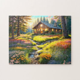 Mountain Forest Cabin Art Pussel