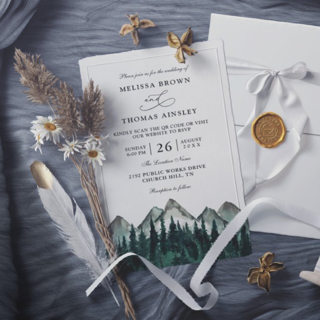 Mountain Forest Rustic Budget QR Code Wedding Inbjudningar (Skapare uppladdad)