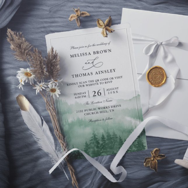 Mountain Forest Rustic Tree Budget QR Code Wedding Inbjudningar (Skapare uppladdad)