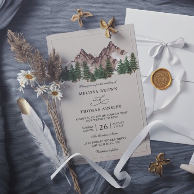 Mountain Forest Tree Rustic Budget QR Code Wedding Inbjudningar (Skapare uppladdad)