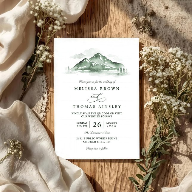 Mountain Forest Trees Pine Rustic QR Code Wedding Inbjudningar (Skapare uppladdad)