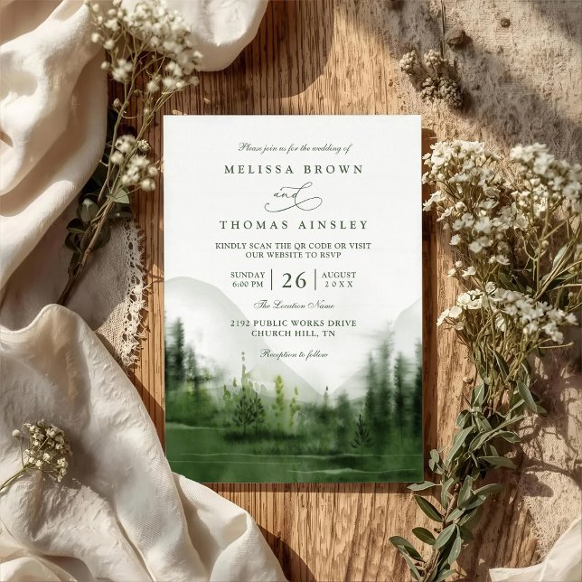 Mountain Forest Trees Rustic QR Code Wedding Inbjudningar (Skapare uppladdad)