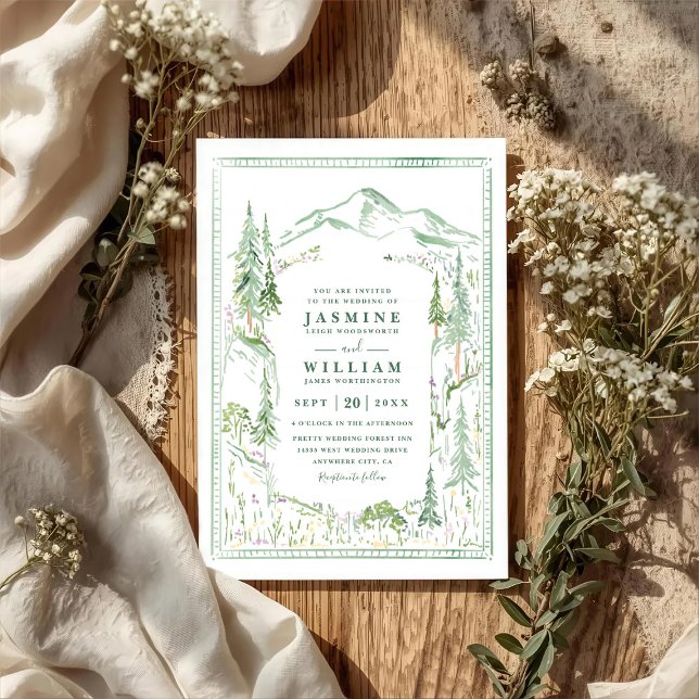 Mountain Forest Trees Rustic QR Code Wedding Inbjudningar (Skapare uppladdad)