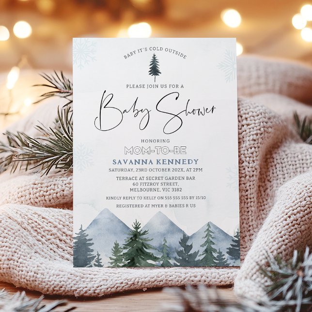 Mountain Gräs Baby Det är Kall utanför babyskabink Inbjudningar (Baby It's Cold Outside Baby Shower Invitation, Winter Themed Baby Shower Invite, Mountains Snow)