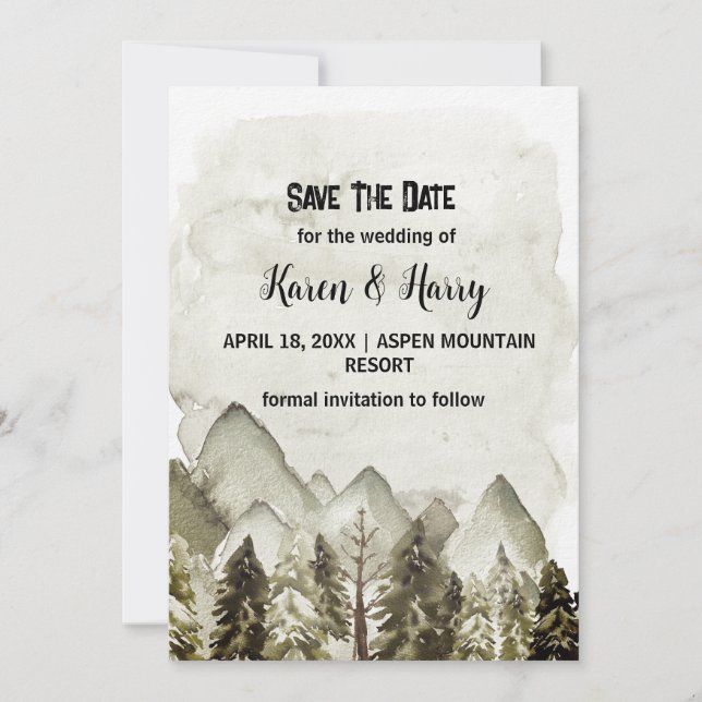 Mountain Green Pine Tree Save The Date Wedding Art Inbjudningar (Framsida)