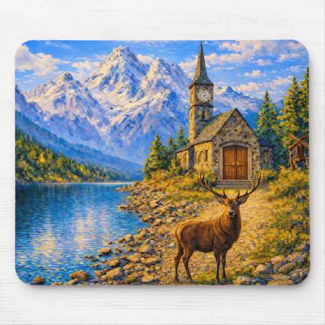 Mountain Lake Deer Chapel Mouse Pad Musmatta (Framsidan)