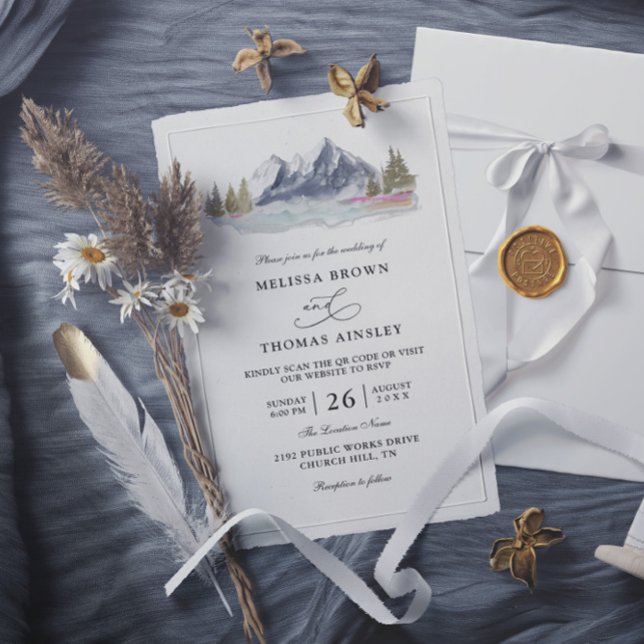 Mountain Lake Forest Rustic Budget QR Code Wedding Inbjudningar (Skapare uppladdad)
