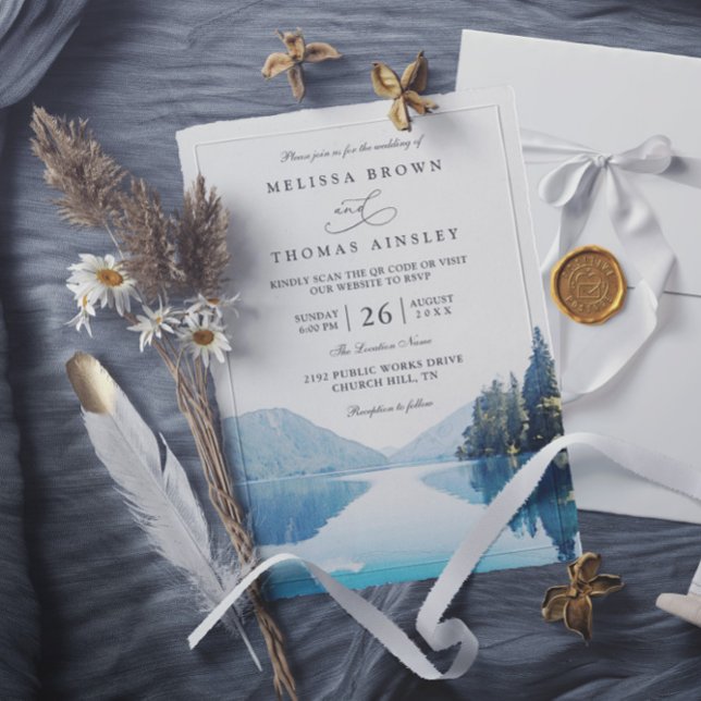 Mountain Lake Forest Rustic QR-kod Bröllop Inbjudningar (Skapare uppladdad)