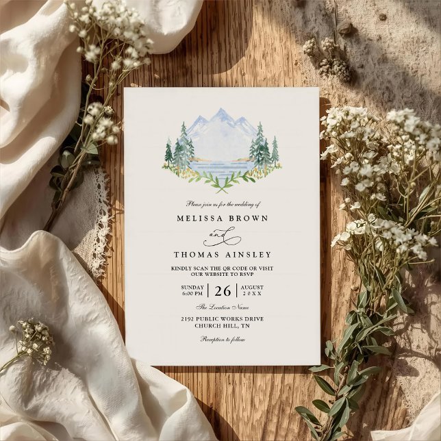 Mountain Lake Forest Tree Rustic QR Code Wedding Inbjudningar (Skapare uppladdad)