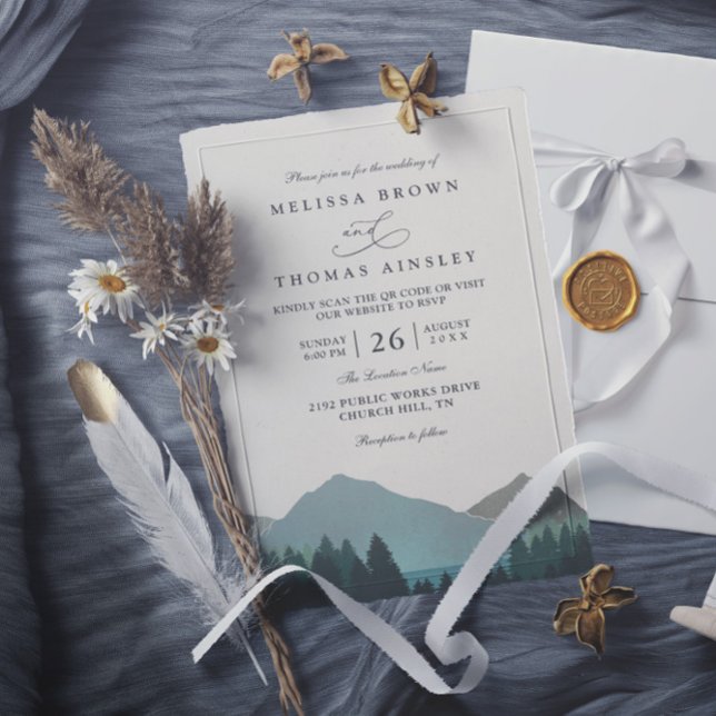 Mountain Lake Forest Trees Pine QR Code Wedding Inbjudningar (Skapare uppladdad)
