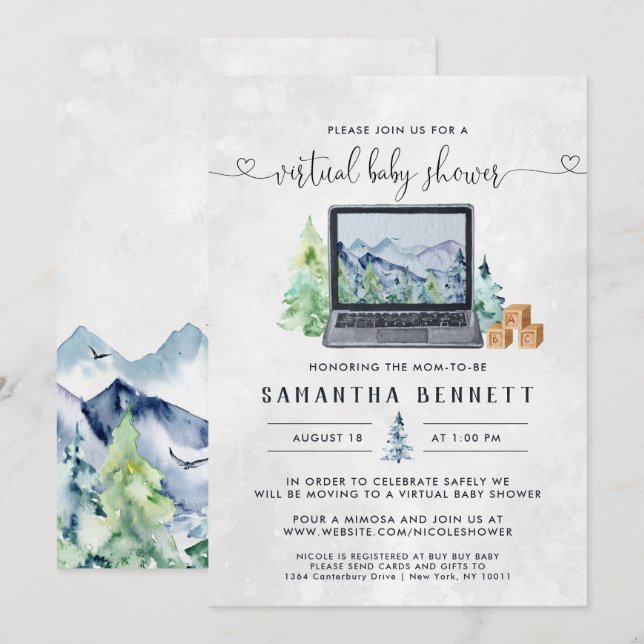 Mountain Laptop | Virtuell baby shower Inbjudningar (Fram/baksida)
