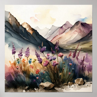 Mountain Ligcape med Wildblommor Watercolor Poster