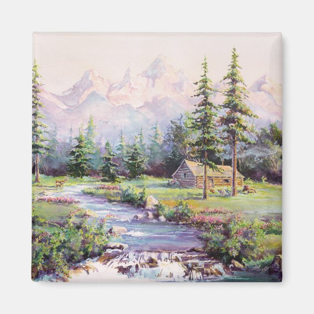 MOUNTAIN LOG CABIN by SHARON SHARPE Magnet (Framsidan)