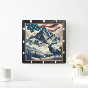 Mountain Moose Patriotic Rustic Fyrkantig Klocka