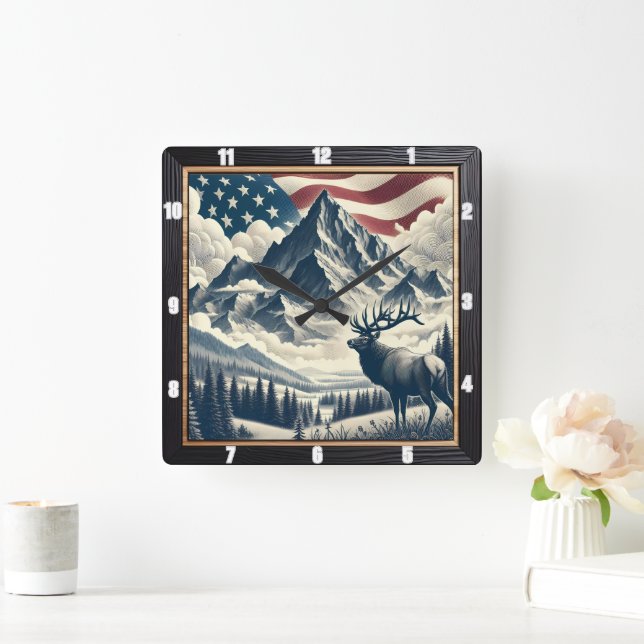 Mountain Moose Patriotic Rustic Fyrkantig Klocka (Hem)