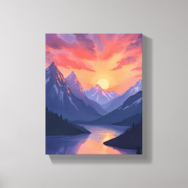 Mountain Range Sunset | Watercolor Lake Landscape Canvastryck