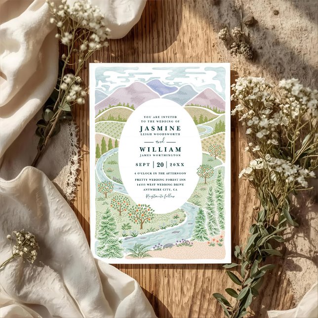 Mountain River Forest Trees Rustic QR Code Wedding Inbjudningar (Skapare uppladdad)