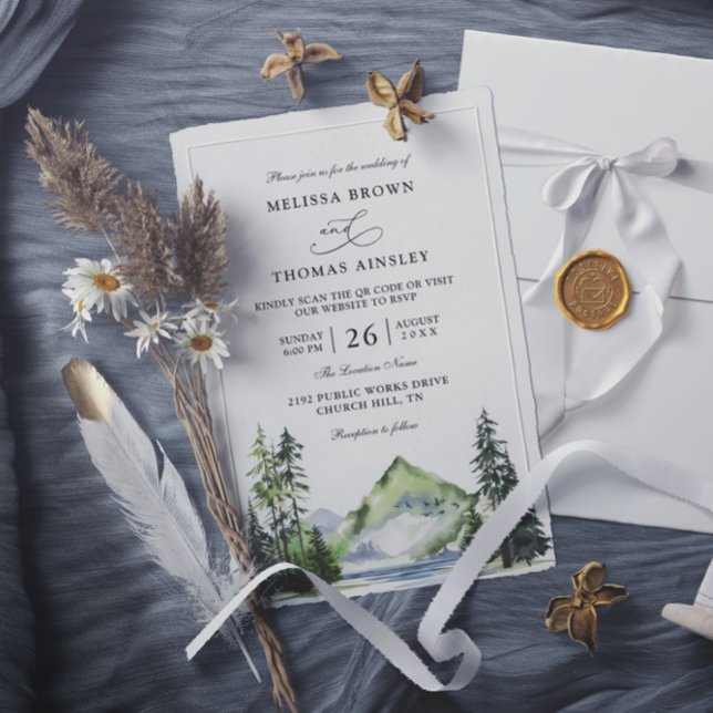 Mountain Rustic Forest Budget QR Code Wedding Inbjudningar (Skapare uppladdad)