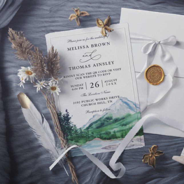 Mountain Rustic Lake Modern Budget QR Code Wedding Inbjudningar (Skapare uppladdad)