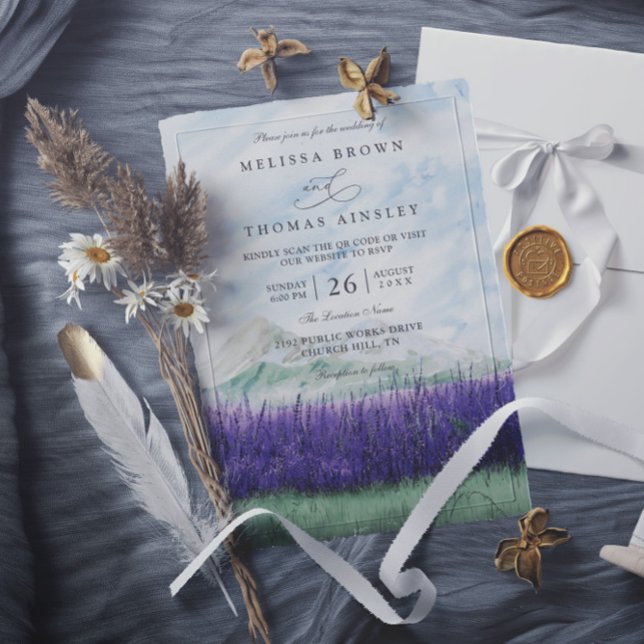 Mountain Rustic Lavender Meadow QR Code Wedding Inbjudningar (Skapare uppladdad)