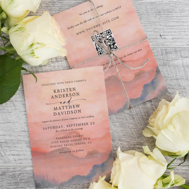 Mountain Rustic Sunset Watercolor QR Code Bröllop Inbjudningar (Mountain Sunset Invite with QR Code on the back for an easy way to RSVP.)