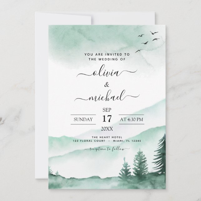 Mountain Rustic Watercolor Greenery Bröllop Invita Inbjudningar (Framsida)