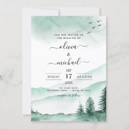 Mountain Rustic Watercolor Greenery Bröllop Invita Inbjudningar